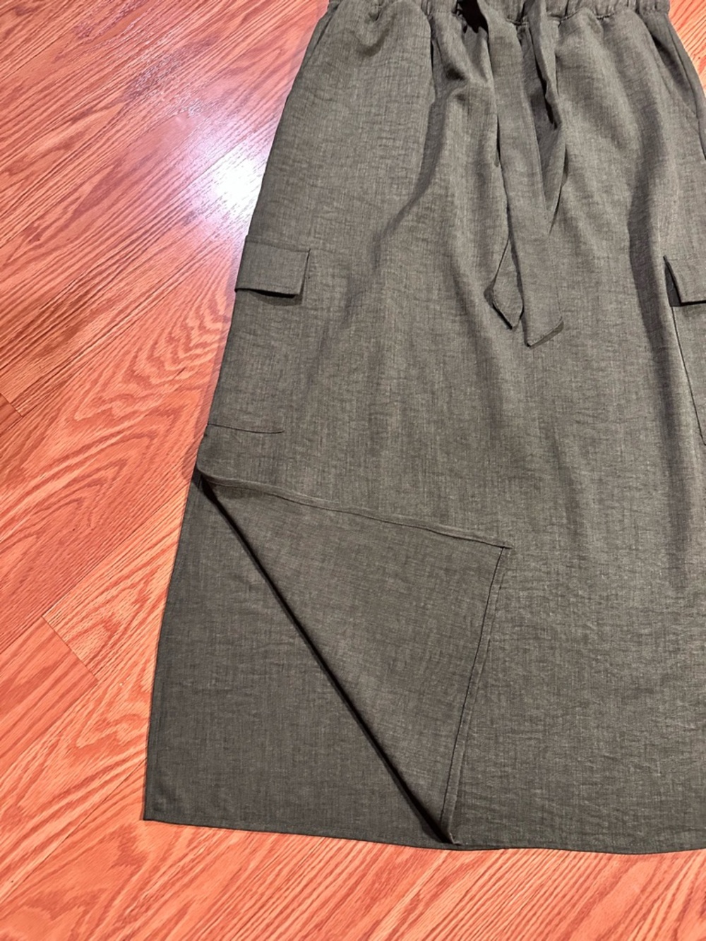 Women’s Olive Midi Paperbag Waist Skirt with Tie - Picture 2 of 9